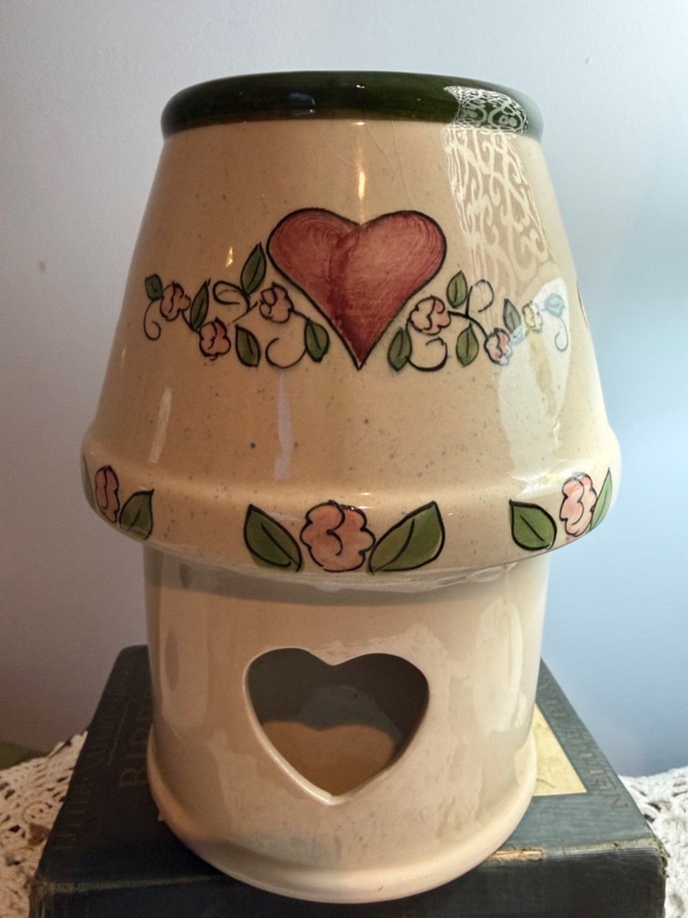 Vintage Heart & Floral Ceramic Luminaryi - Cream with Pink & Green Grandma Core